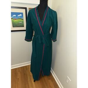 Vintage Kayser Emerald Green Robe Medium Pink Piping Trim Belted Long Housecoat